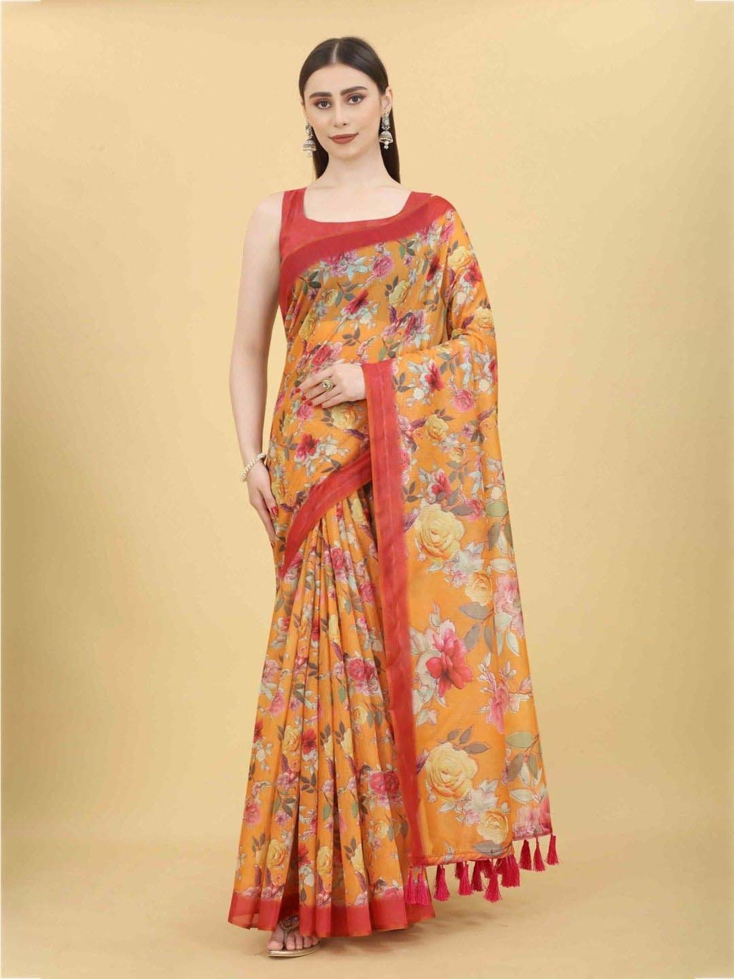 Silk Land Orange Printed Saree With Unstitched Blouse