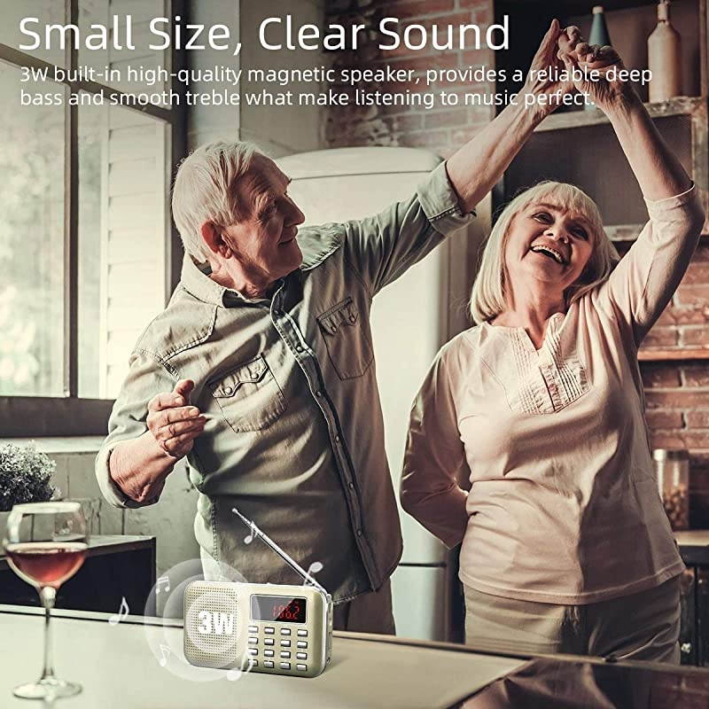 J908 Mini Portable Pocket AM FM Radio with LED Flashlight Digital Radio Speaker Music Player Support Micro SDTF CardUSB Auto Scan Save 1200mAh Rechargeable Battery OperatedGold