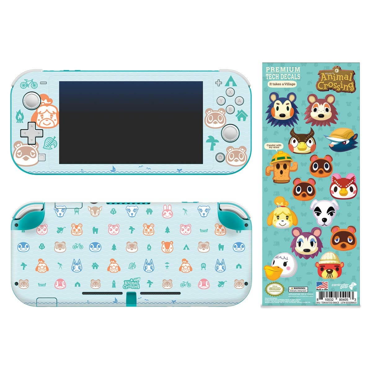 Controller Gear Authentic and Officially Licensed 2-Pack Animal Crossing: New Horizons - "Outdoor Pattern" Nintendo Switch Lite Skin & "It Takes A Village" Tech Decal - Nintendo Switch