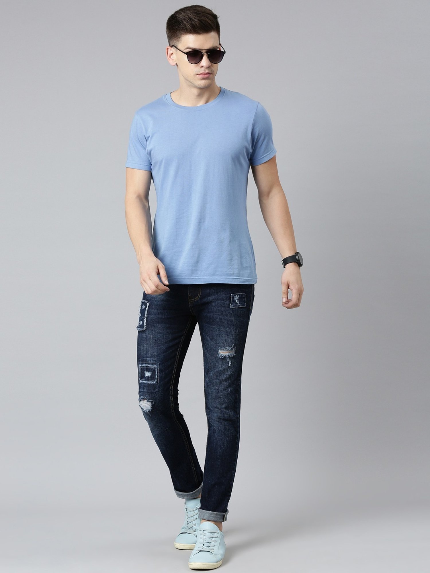 CINOCCI Cobalt Blue Cotton Slim Fit Distressed Jeans