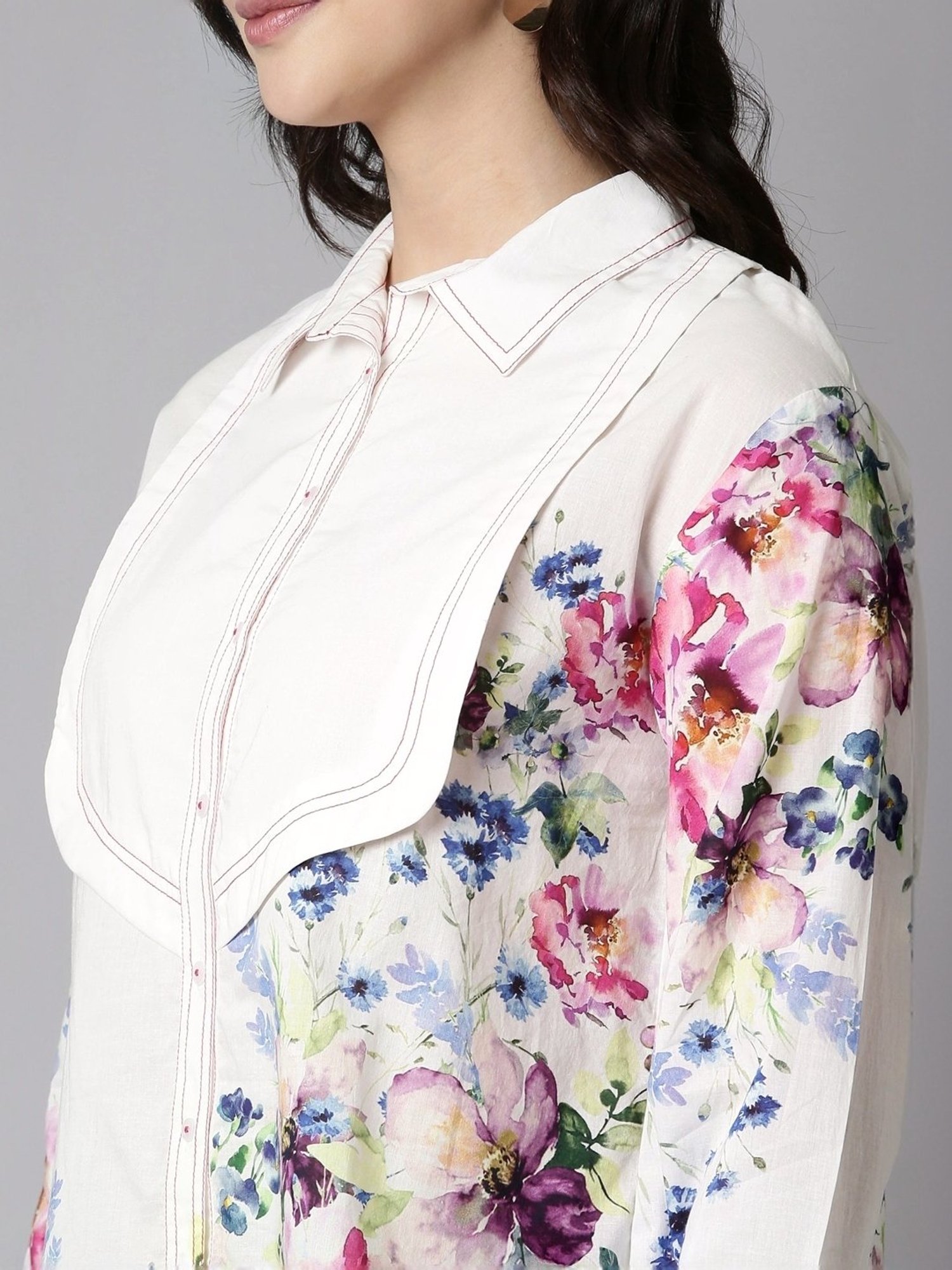 Zolo Label White Cotton Floral Print Shirt