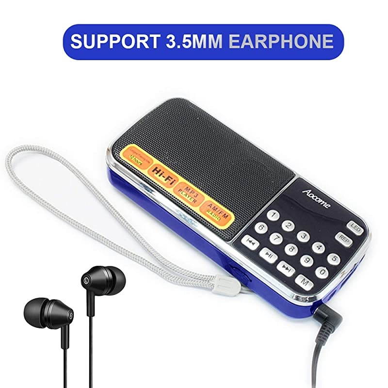 FM Portable Pocket Radio Battery Operated - with Best Reception. FM Compact USB Rechargeable Radios Music Player Support Micro SD/TF Card Slot (Blue)