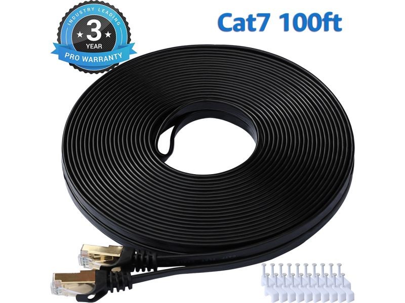 Cat 7 Ethernet Cable 100 ft LAN Cable Internet Network Cord for PS4, Xbox, Router, Modem, Gaming, Black Flat Shielded 10 Gigabit RJ45 High Speed Computer Patch Wire.
