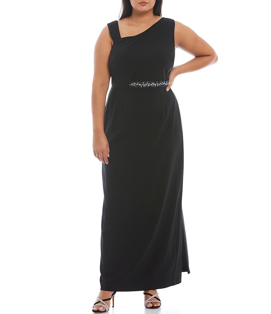 Adrianna Papell Plus Size Asymmetric One-Shoulder Neck Sleeveless Crepe Gown