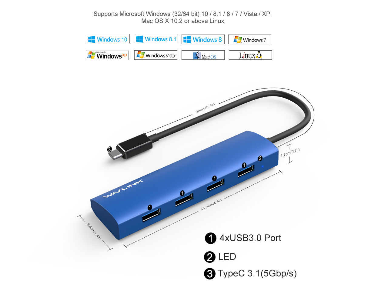 Wavlink USB C Hub, Type C Adapter Mini Docking Station with 4K HDMI Port, 2 USB 3.0, TF/SD Card Reader, USB-C PD3.0 100W  and Thunderbolt 3, LED indicator For MacBook Pro for MacBook Pro/Air