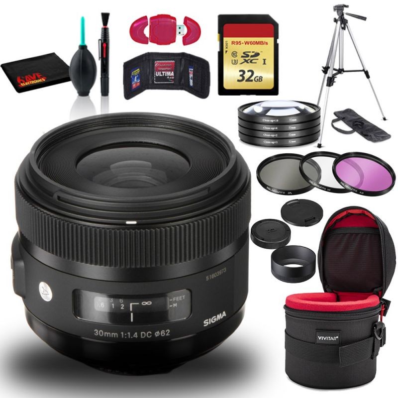 Sigma 30mm f/1.4 DC HSM Art Lens for Nikon F with Cleaning Kit, Tripod, 32GB Memory, USB Card Reader, Filters, and Case