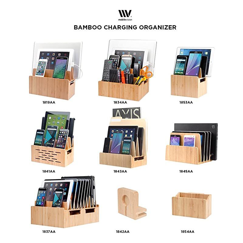 Bamboo 10Port Charging Station Docking Organizer for Smartphones Tablets FamilySized for use in Corporate Offices Classrooms
