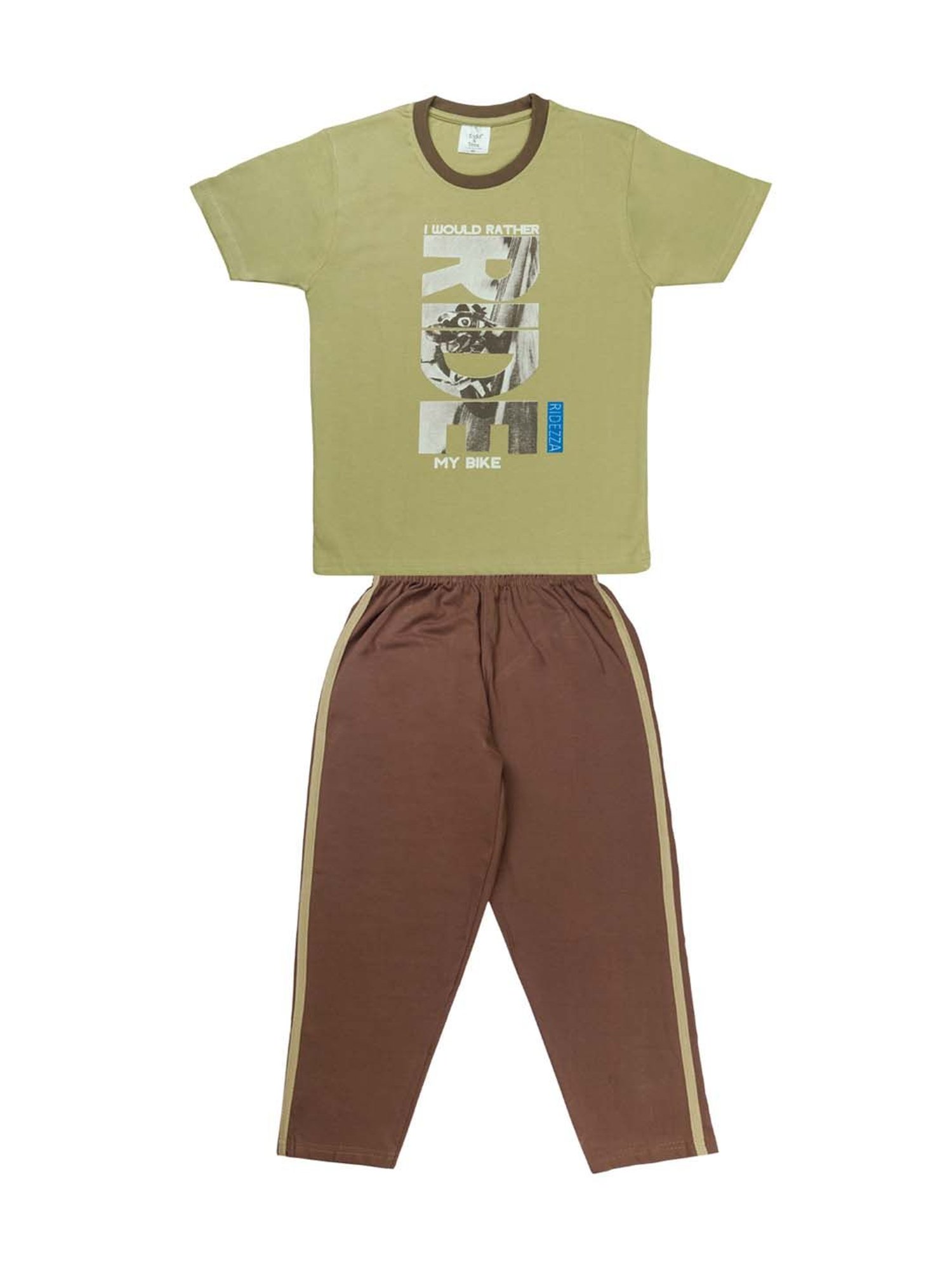 Todd N Teen Kids Olive Green & Blue Cotton Printed T-Shirt & Pants - Pack of 2