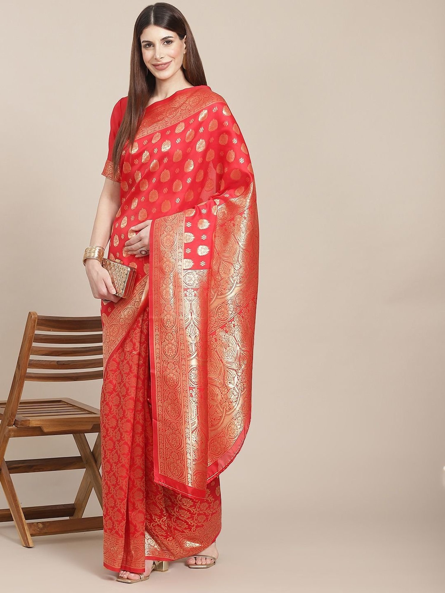 KSUT Red Silk Woven Saree With Unstitched Blouse