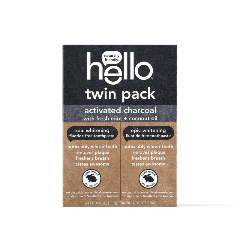hello Activated Charcoal Epic Whitening Fluoride Free Toothpaste SLS Free + Vegan Twin Pack - 4oz/2pk