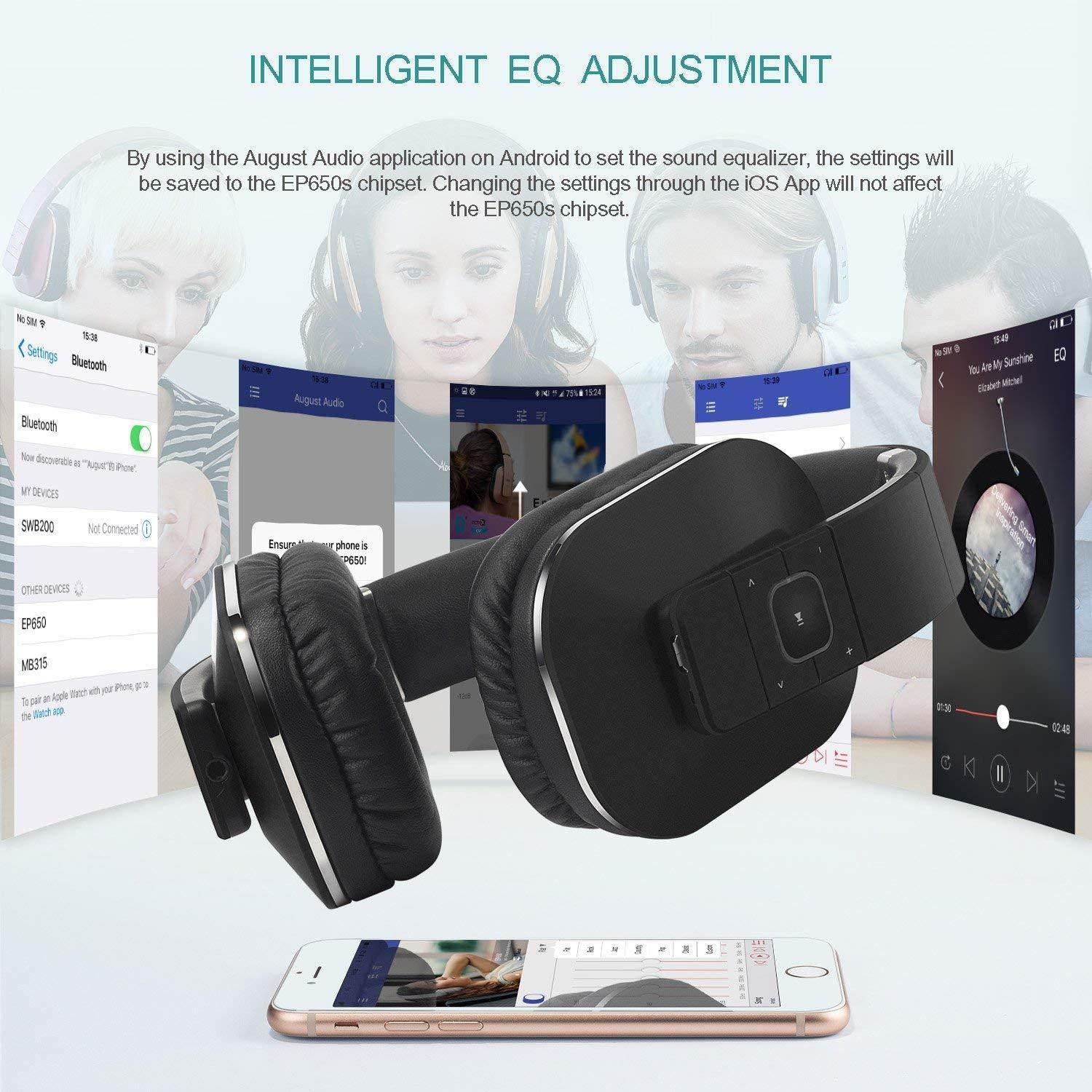 Over Ear Bluetooth Wireless Headphones- App for Custom Sound Control with 3.5mm Audio In/Headset Microphone - Black