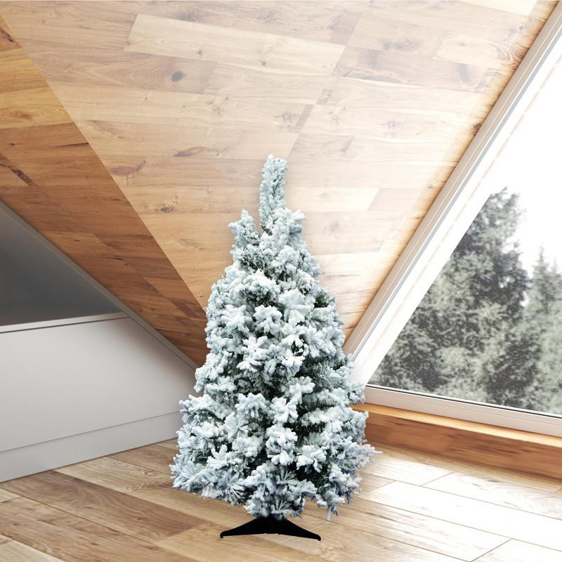 Vickerman Flocked Alaskan 3 Foot 127 PVC Tip Artificial Hinged Full Bodied Unlit Snowy Christmas Tree with Stability Stand