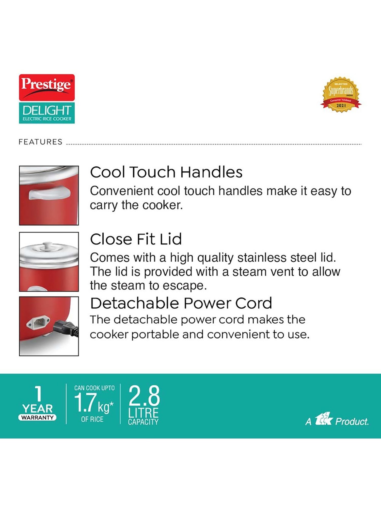 Pigeon Rice Cooker 700W, 1.8L with Single pot & Measuring Cup (Red)