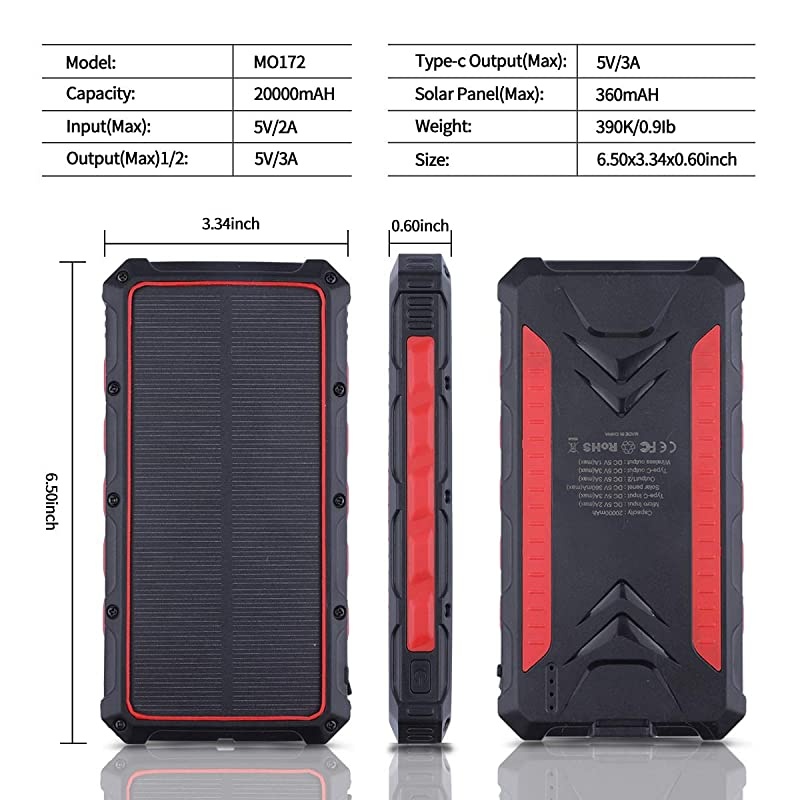Solar Power Bank  20000mAh Portable Solar Charger with Dual USB 3A Output PortLED Light and External Battery Pack Solar Phone Charger Fast Charging for Smartphone and More