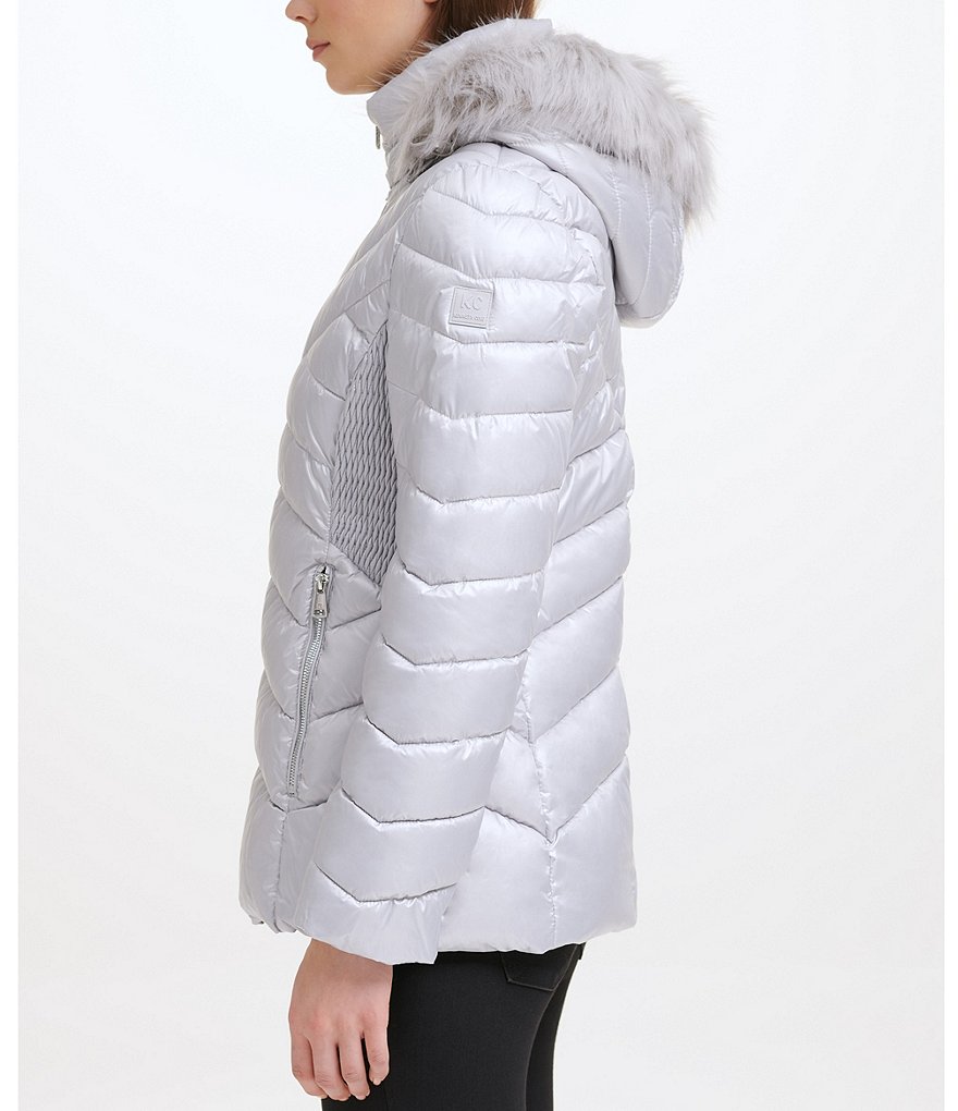 Kenneth Cole New York Water-Resistant Stand Collar Removable Faux Fur Trim Hooded Long Sleeve Chevron Quilted Puffer Jacket