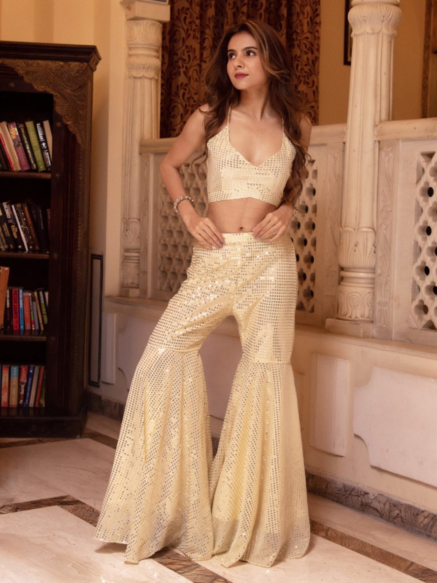 Calmna Bebo Beige Sequin Kurta Sharara Set