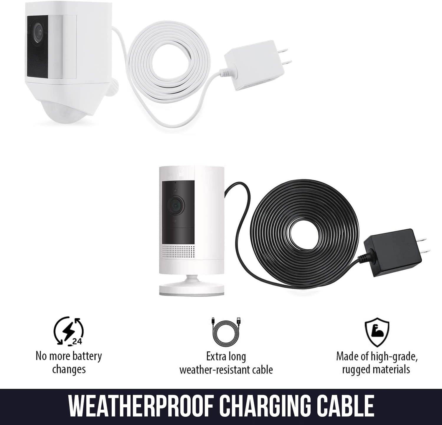 Wasserstein Weatherproof Integrated Charger for Ring Spotlight Cam Battery & Ring Stick Up Cam Battery - Extra Long and Thin 21ft Cable (Black)