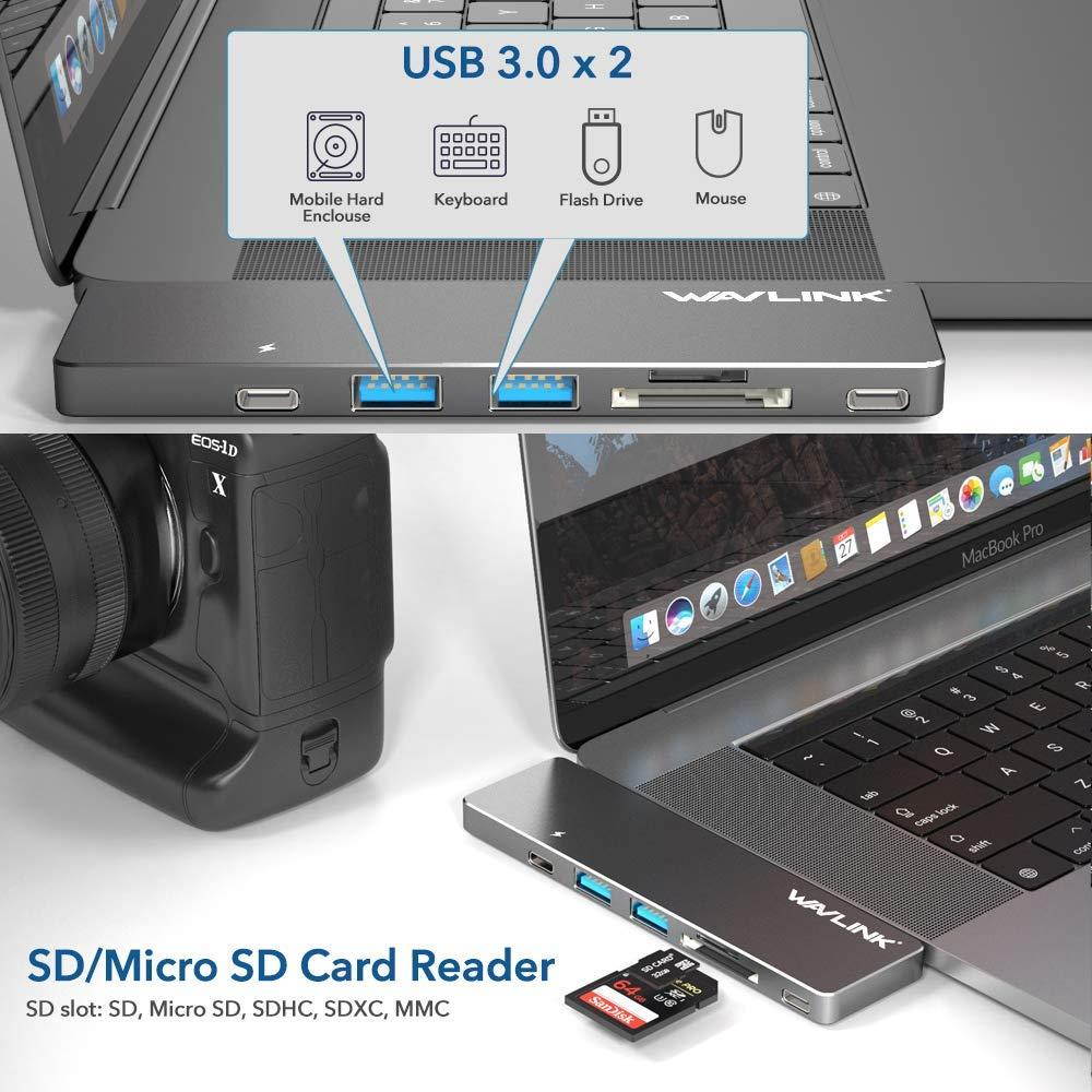 USB C Hub Adapter for MacBook Pro 2019 2018-2016,WAVLINK 7-in-1 Aluminum USB-C Hub with 4K HDMI,Thunderbolt 3 Port (40Gbps),100W Power Delivery,2 USB 3.0, USB 3.1,SD/Micro SD Card Reader(Space Gray)