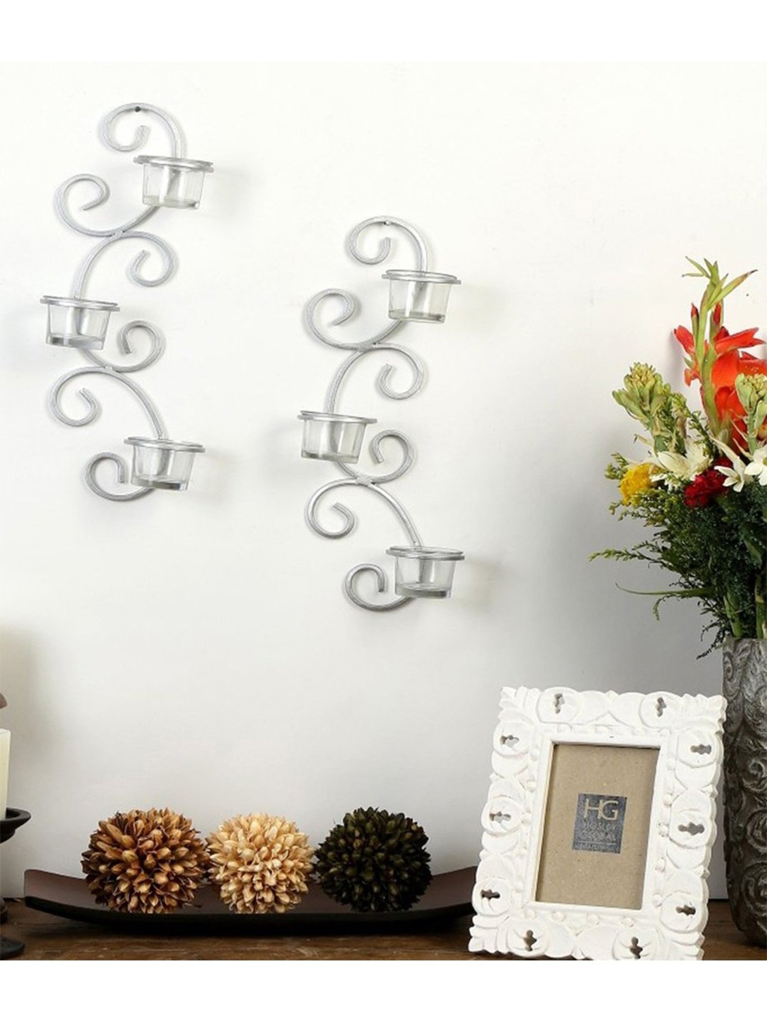 Hosley Metallic Silver Wall Sconce with Red and Clear Glasses Set of - 2