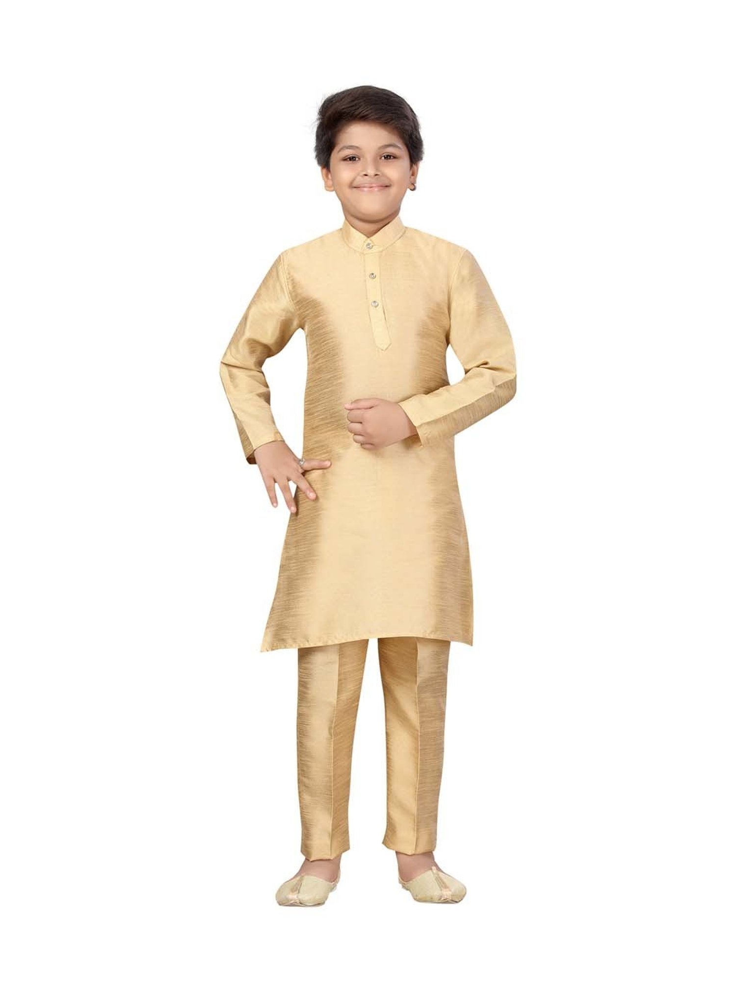 Ahhaaaa Kids Red & Golden Cotton Floral Print Full Sleeves Kurta Set