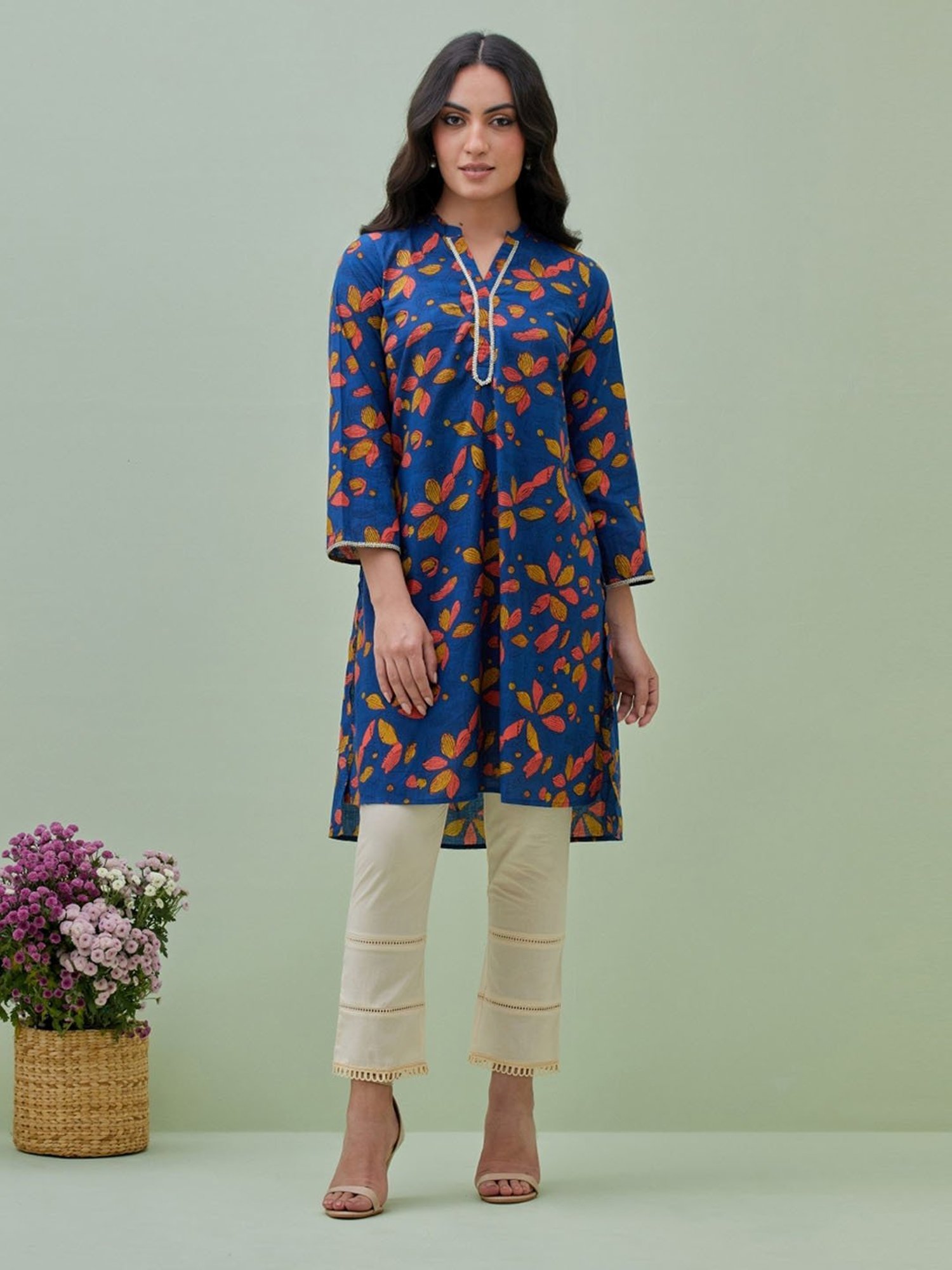 Grass & Sunshine Blue Boho Dreams Block Printed Kurta With Fitted Pants