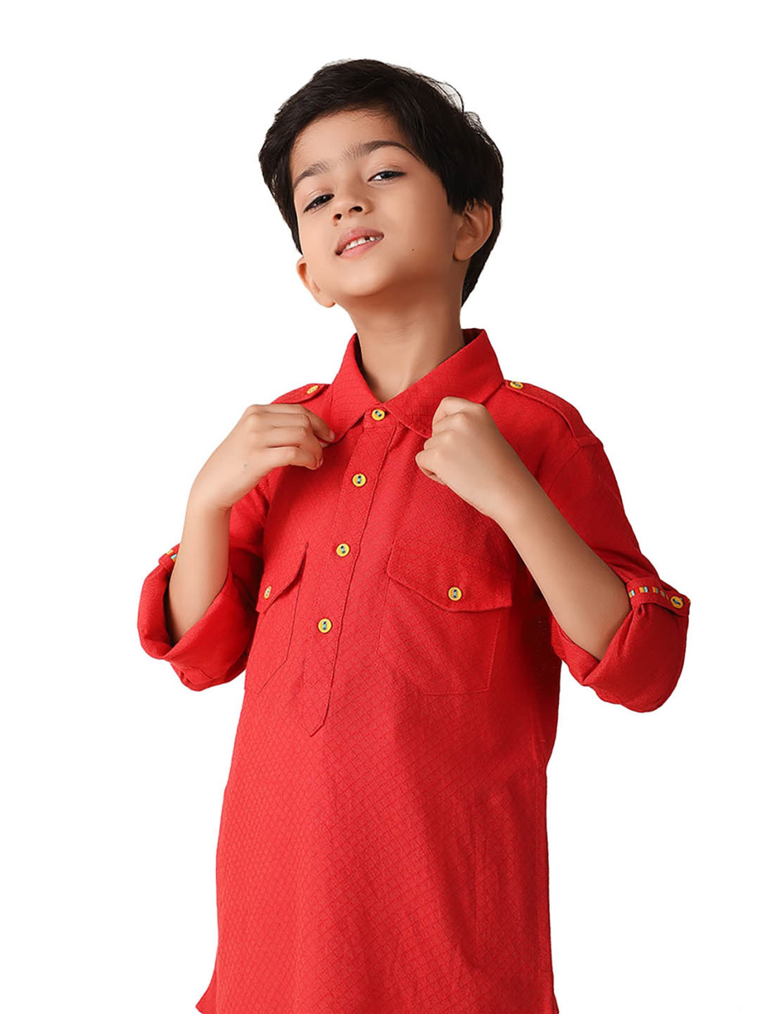 Fabindia Kids Red Solid Full Sleeves Kurta
