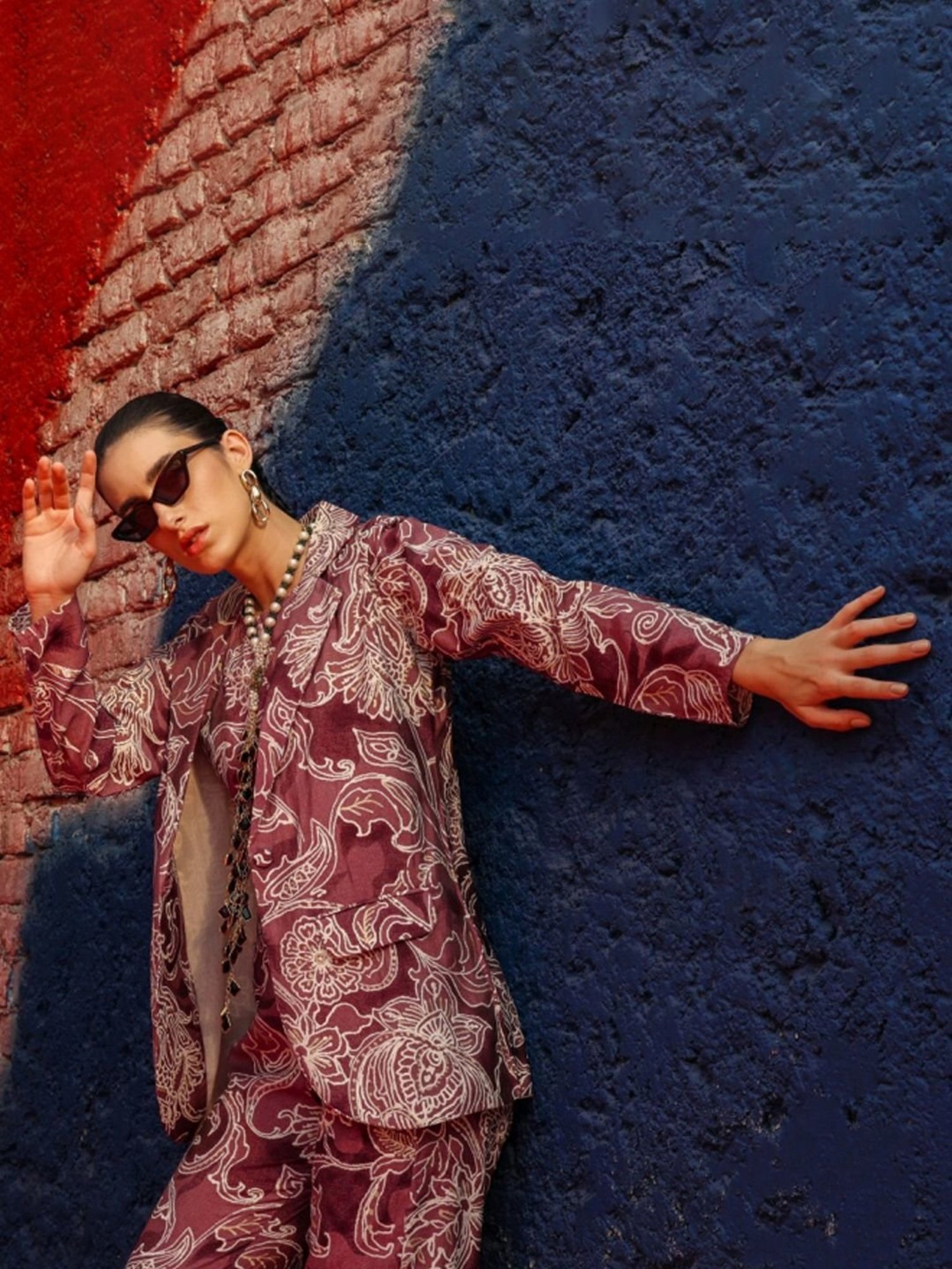 Zolo Label Purple Printed Top Pant Set With Blazer