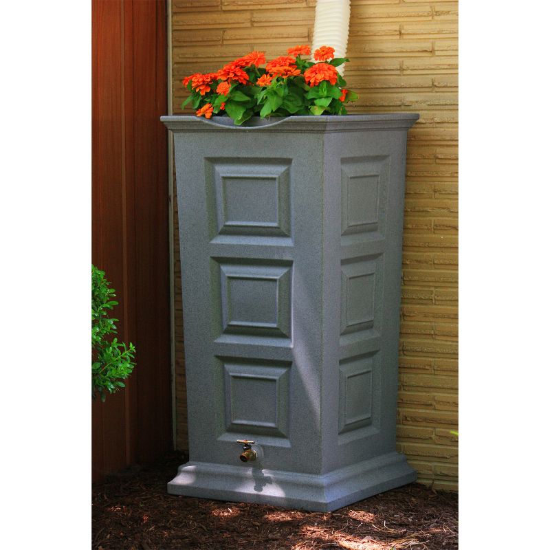 Good Ideas Savannah Outdoor 55 Gallon Flat Back Weatherproof Rain Barrel and Planter, Light Granite