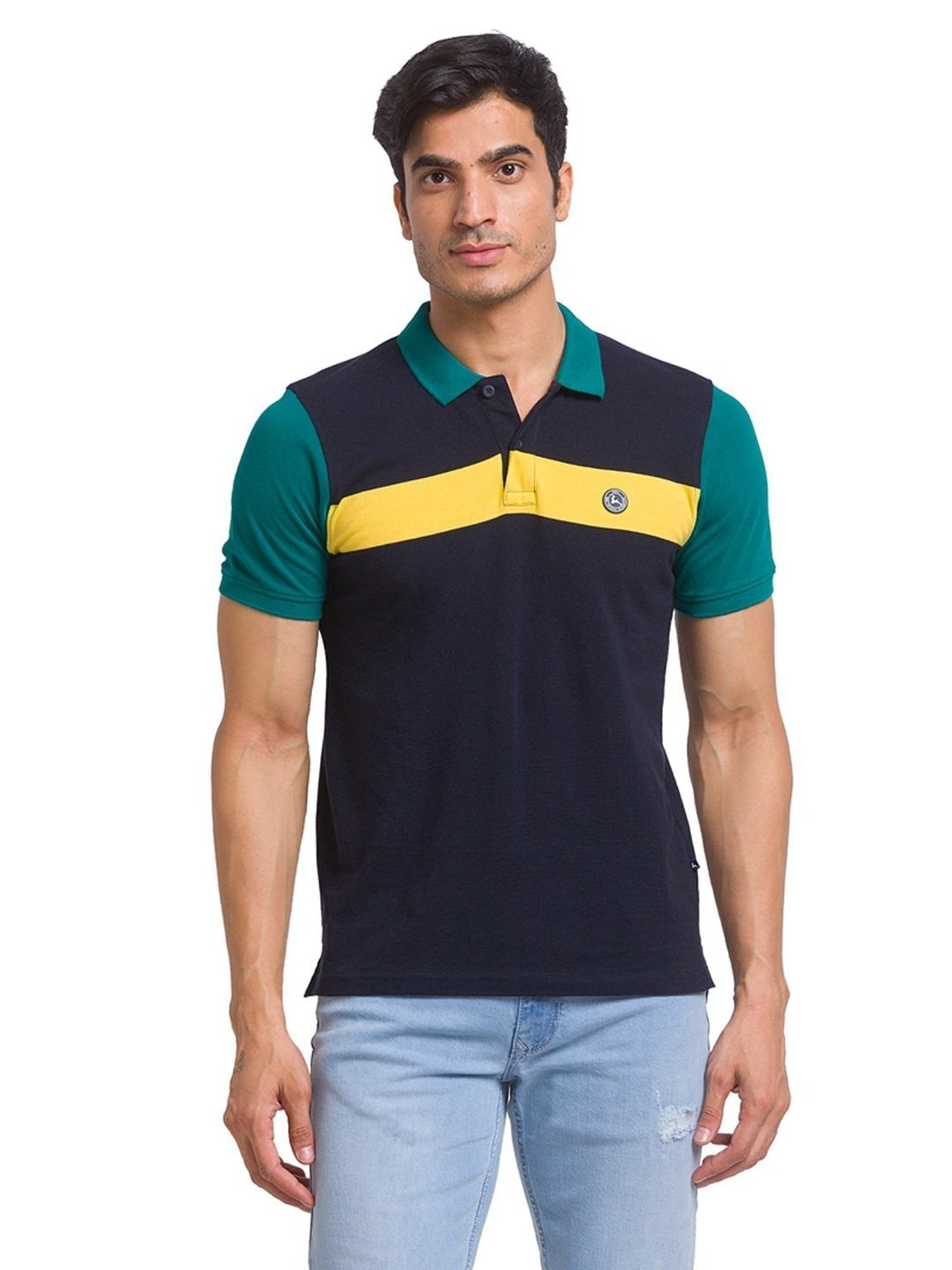 Parx Blue Cotton Regular Fit Printed Polo T-Shirt