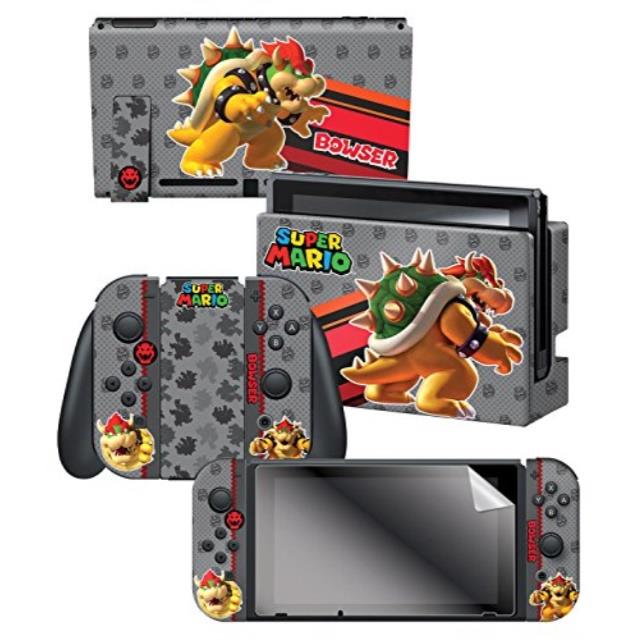 controller gear skin & screen protector set, officially licensed  super mario evergreen "bowser"  nintendo switch