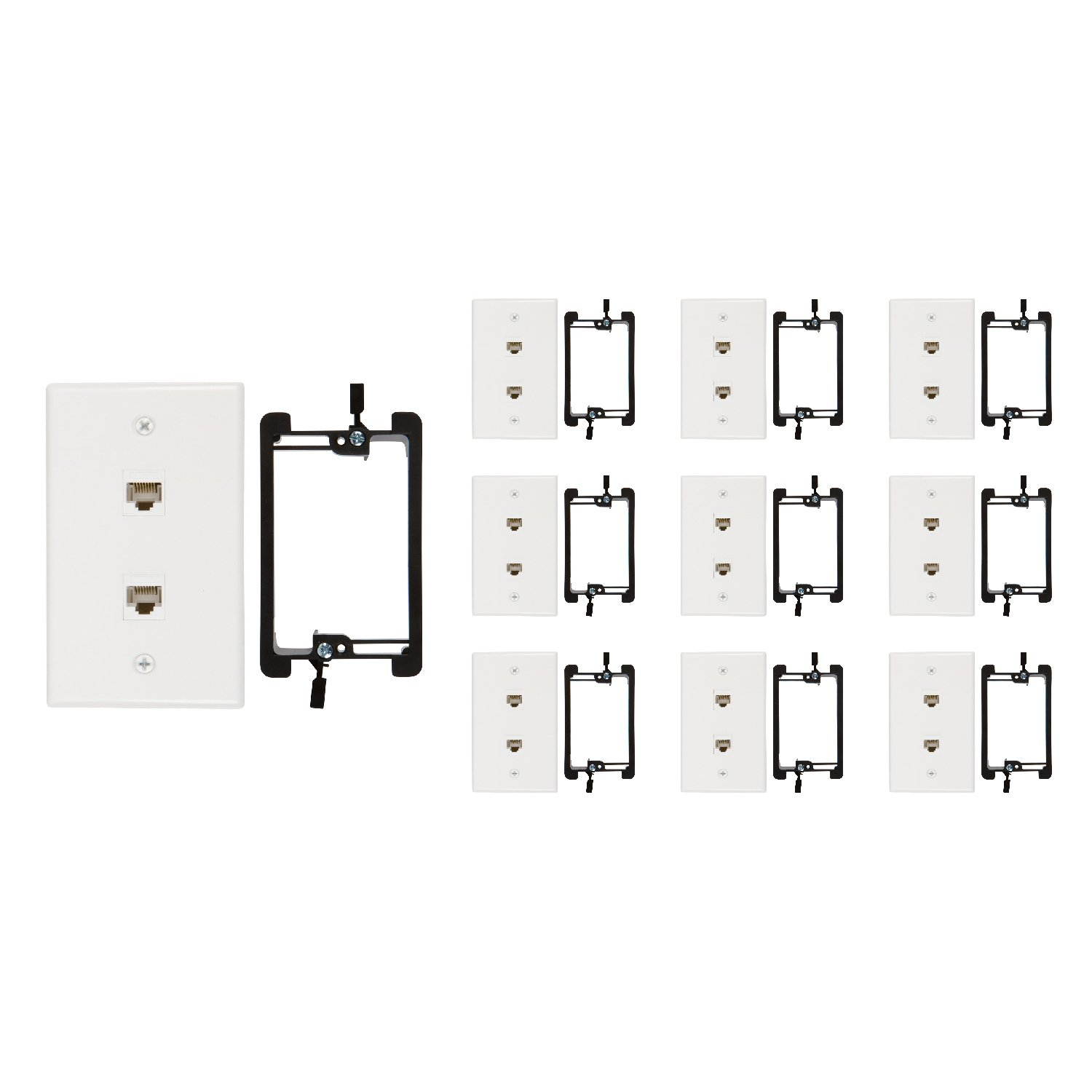Buyer's Point 2 Port Cat6 Wall Plate, Female-Female  with Single Gang Low Voltage Mounting Bracket Device Pack of 10 White 2 Port