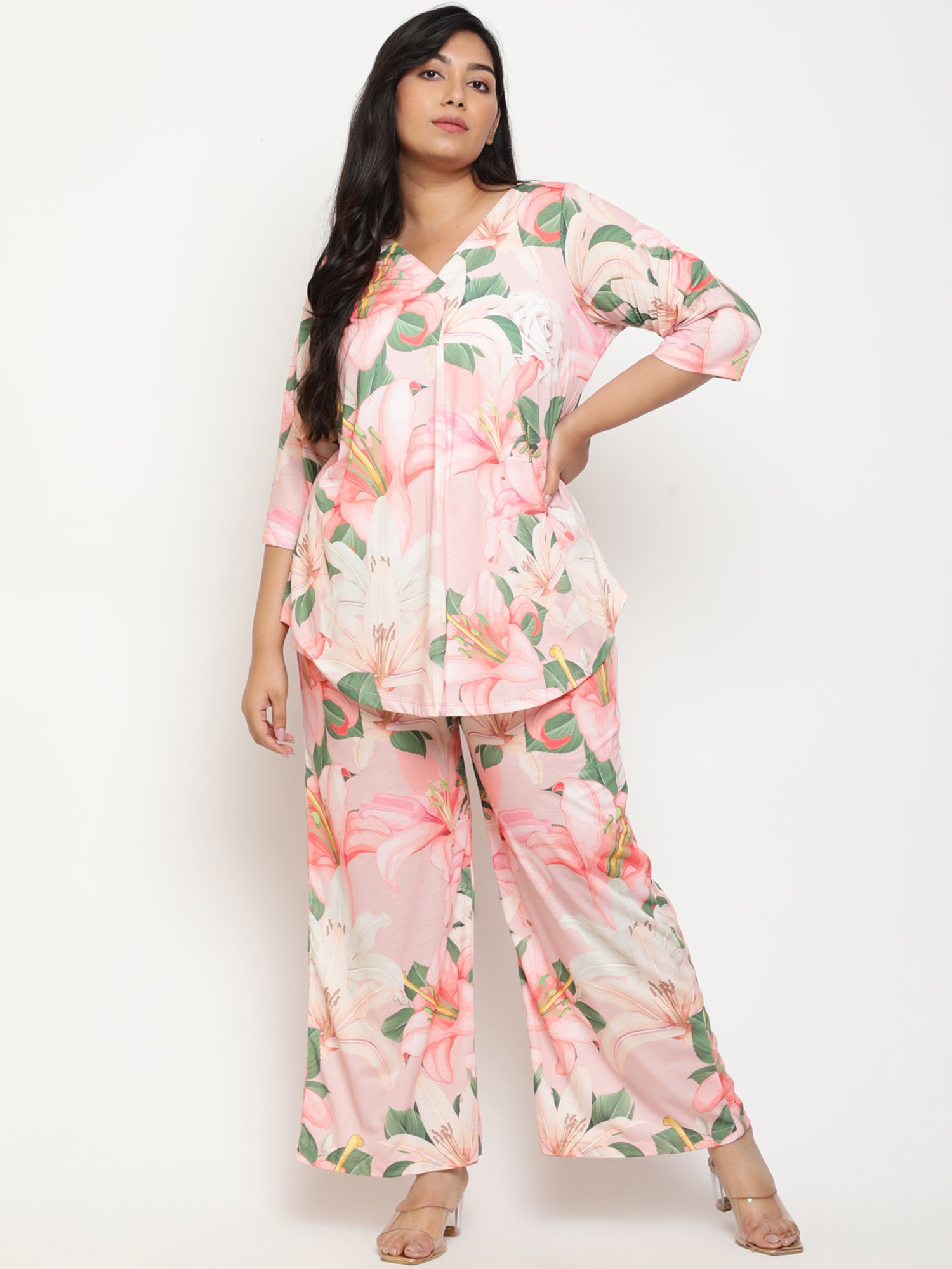 Amydus Pink Floral Print Flared Fit High Rise Pants