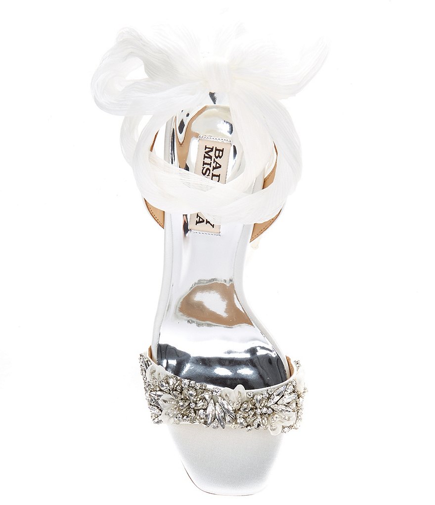 Badgley Mischka Bobbie Crystal Ornament Detail Satin Ankle Wrap Dress Sandals