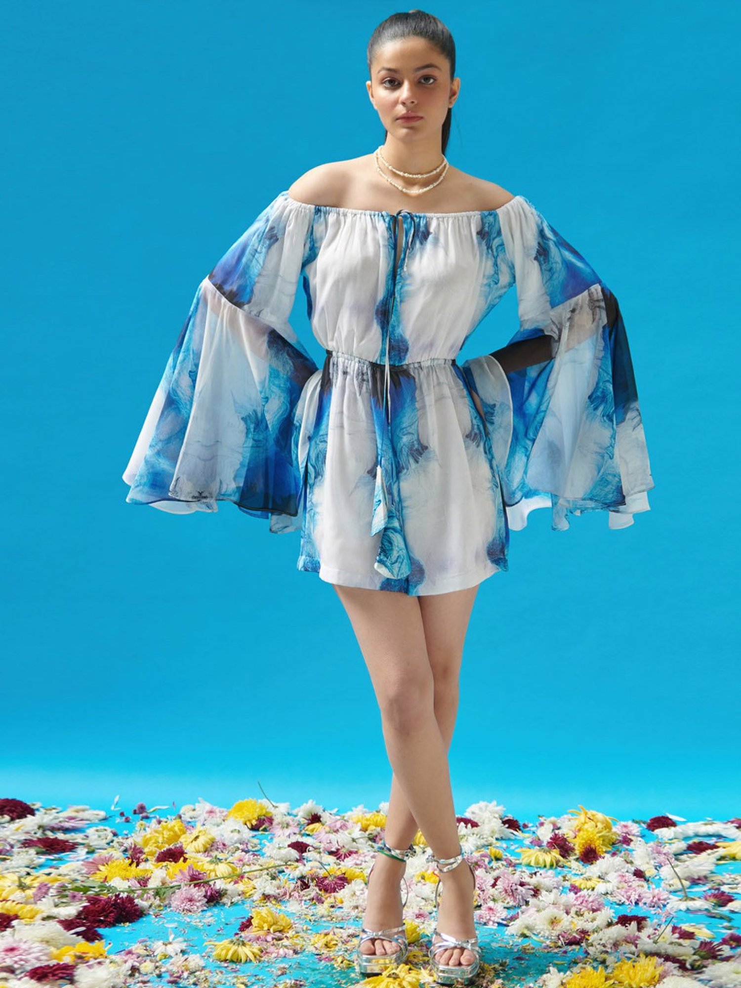 Cin Cin Blue Wave Printed Off Shoulder Playsuit