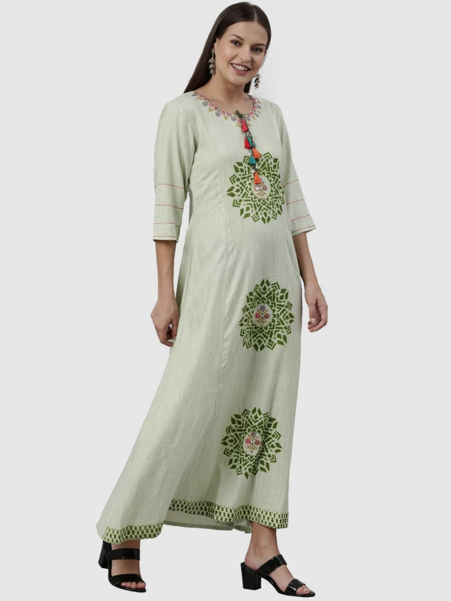Neerus Pista Green Printed A Line Kurta
