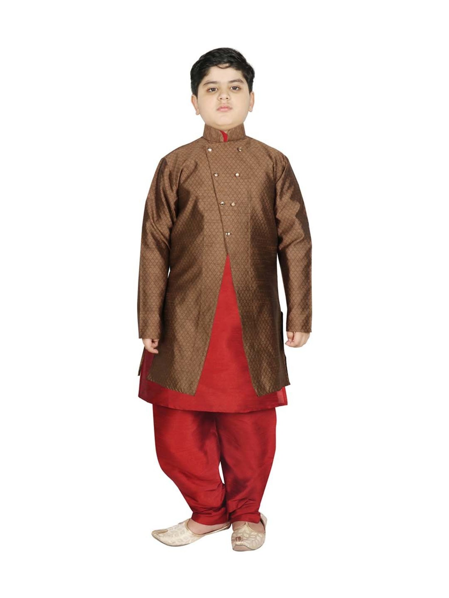 SG Yuvraj Kids Brown & Maroon Textured Pattern Full Sleeves Kurta Set
