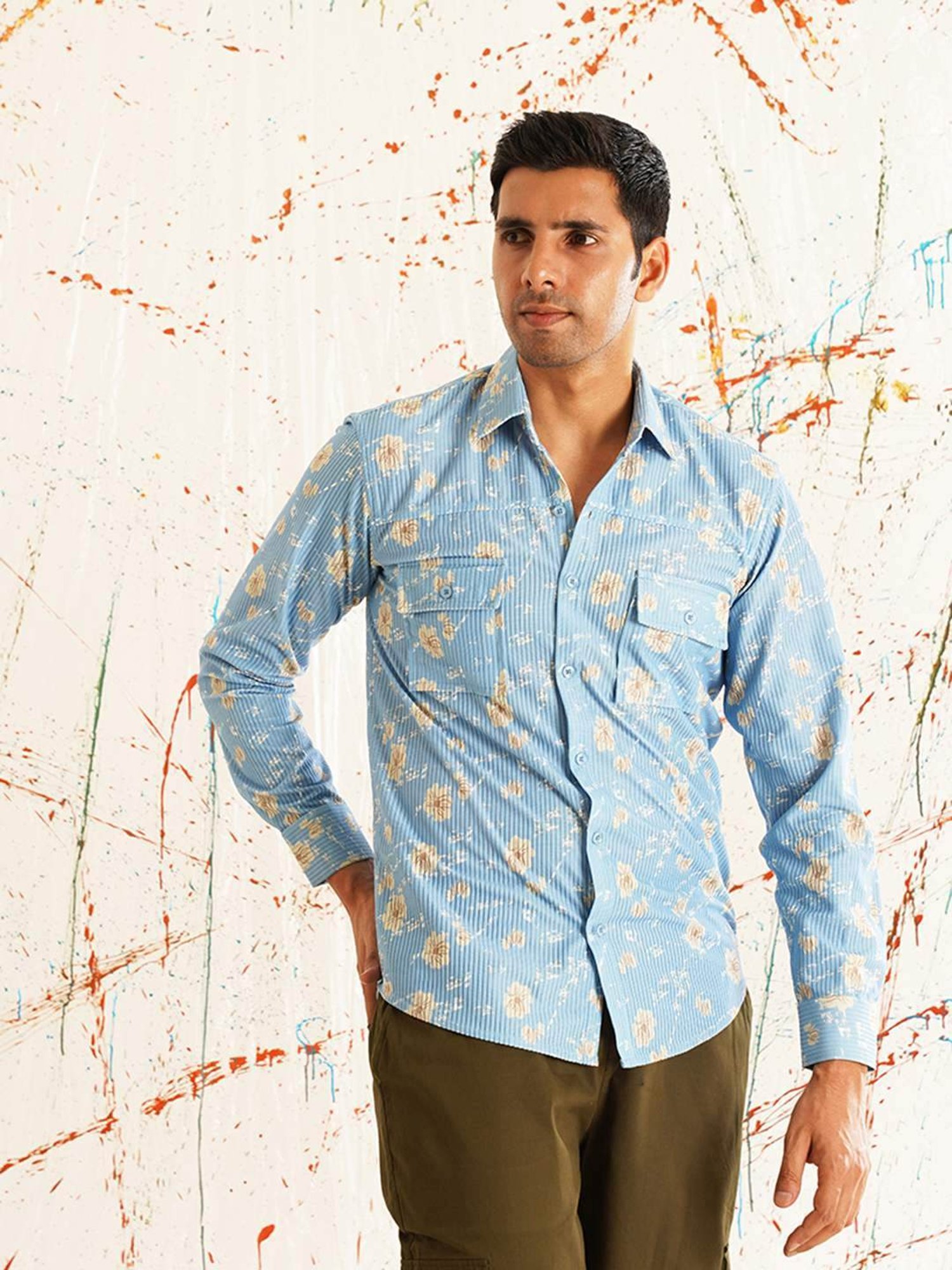 Indian Needle Blue Regular Fit Floral Print Shirt