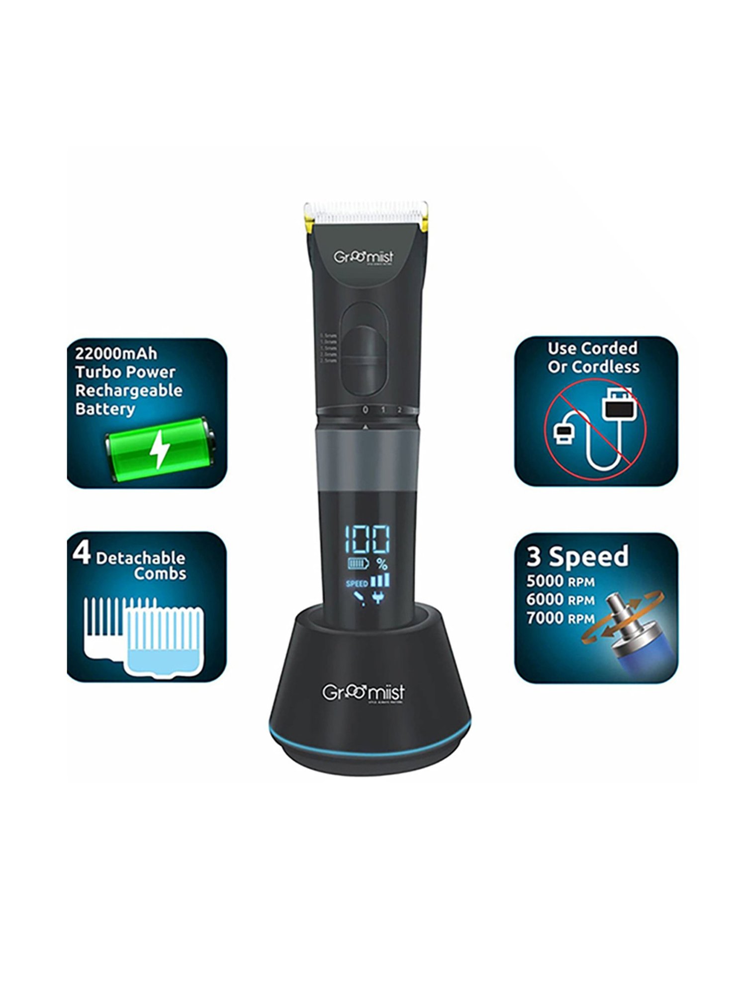 Groomiist GT-32 Gold Series Cordless Beard Trimmer - 180 Min Runtime (Black)