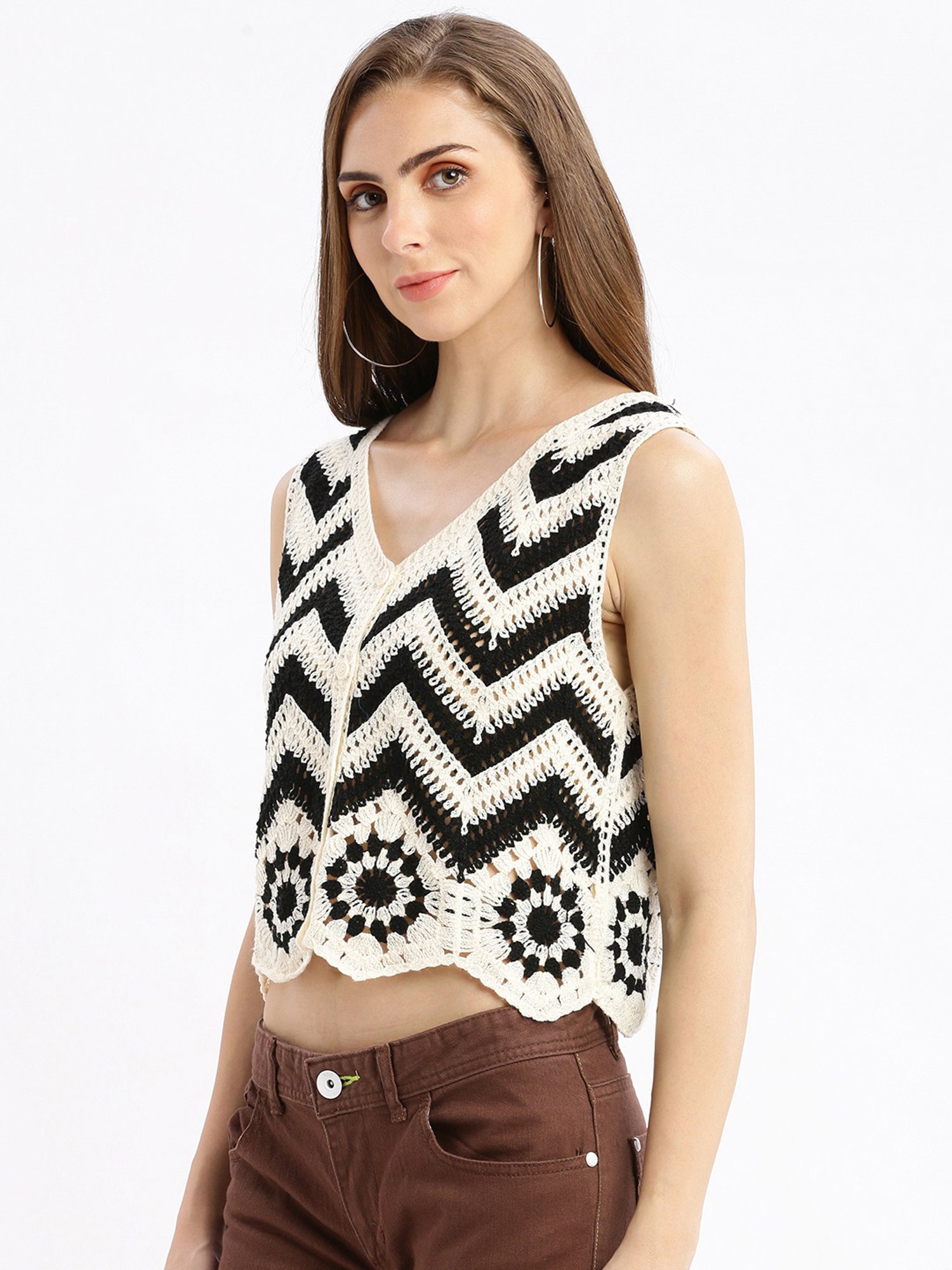 SHOWOFF Black & White Self Design Crop Shrug