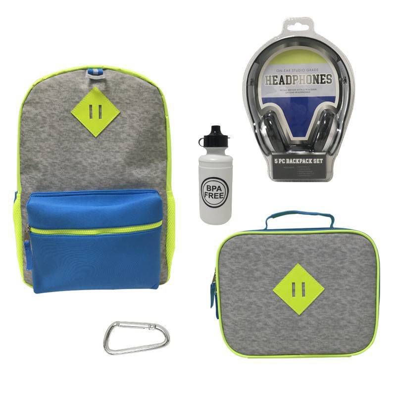 L2D 16" Backpack with Lunch Bag and Headphones - Neon Blue on Gray