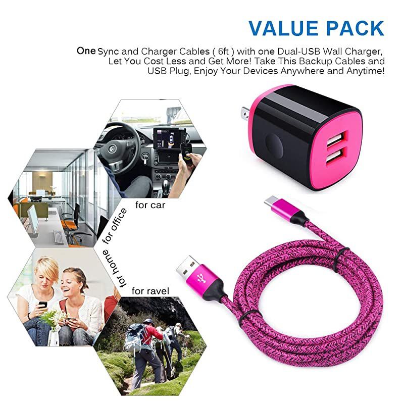 USB Type C Charger  2Port Wall Charger Power Adapter + 6ft Fast Charge USB C Cable Replacement for Samsung Galaxy S20 FE Note 20 10 9 S10 S10E S9 A50 A51 A10E A20 A30 A60 A70 A01 A11 A21 A71