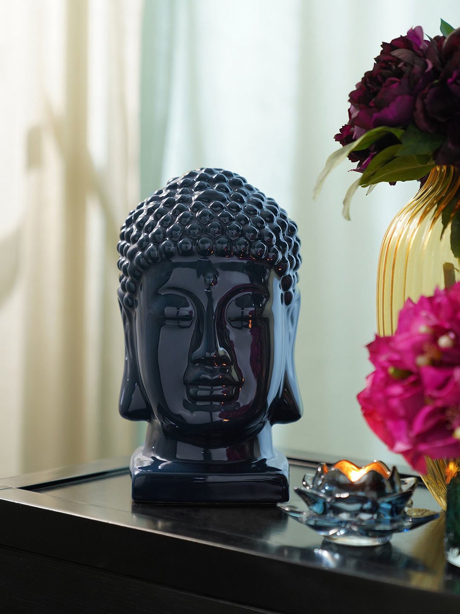 Pure Home and Living Dark Blue Ceramic Buddha Head With Base Sculpture