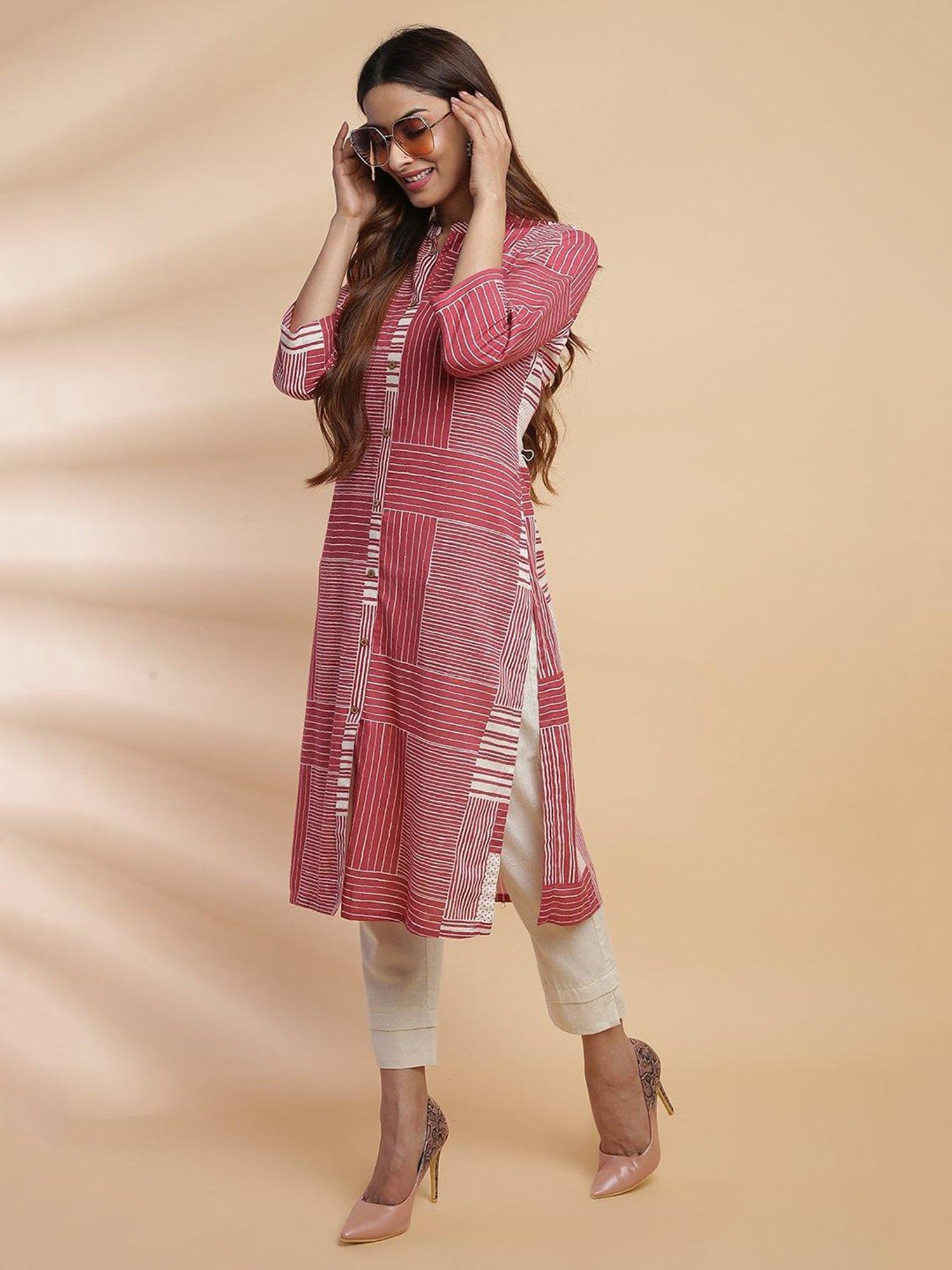 Biba Red & Off White Striped Kurta Pant Set