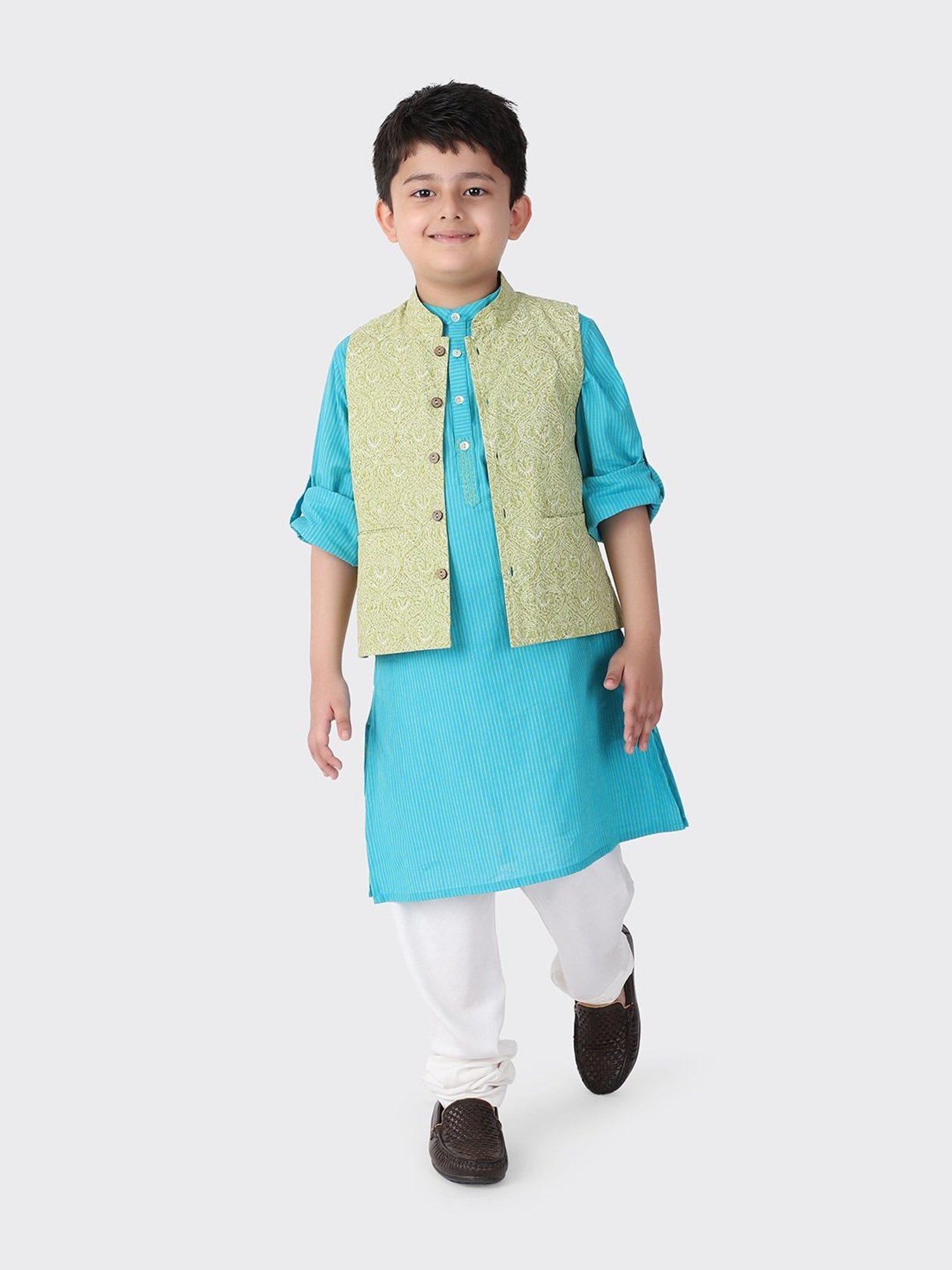 Fabindia Kids Green Cotton Printed Nehru Jacket