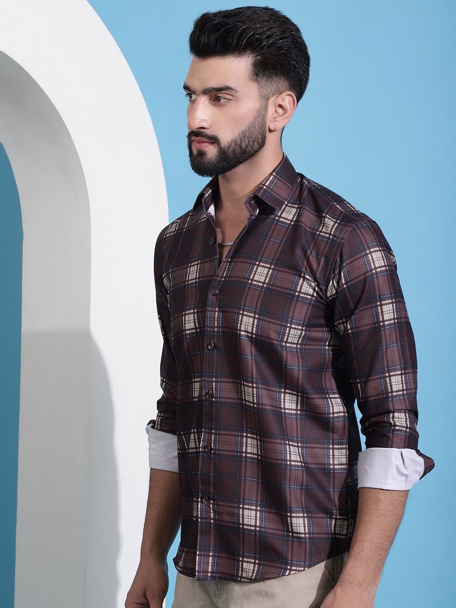 Indian Needle Coffee Regular Fit Checks Shirt