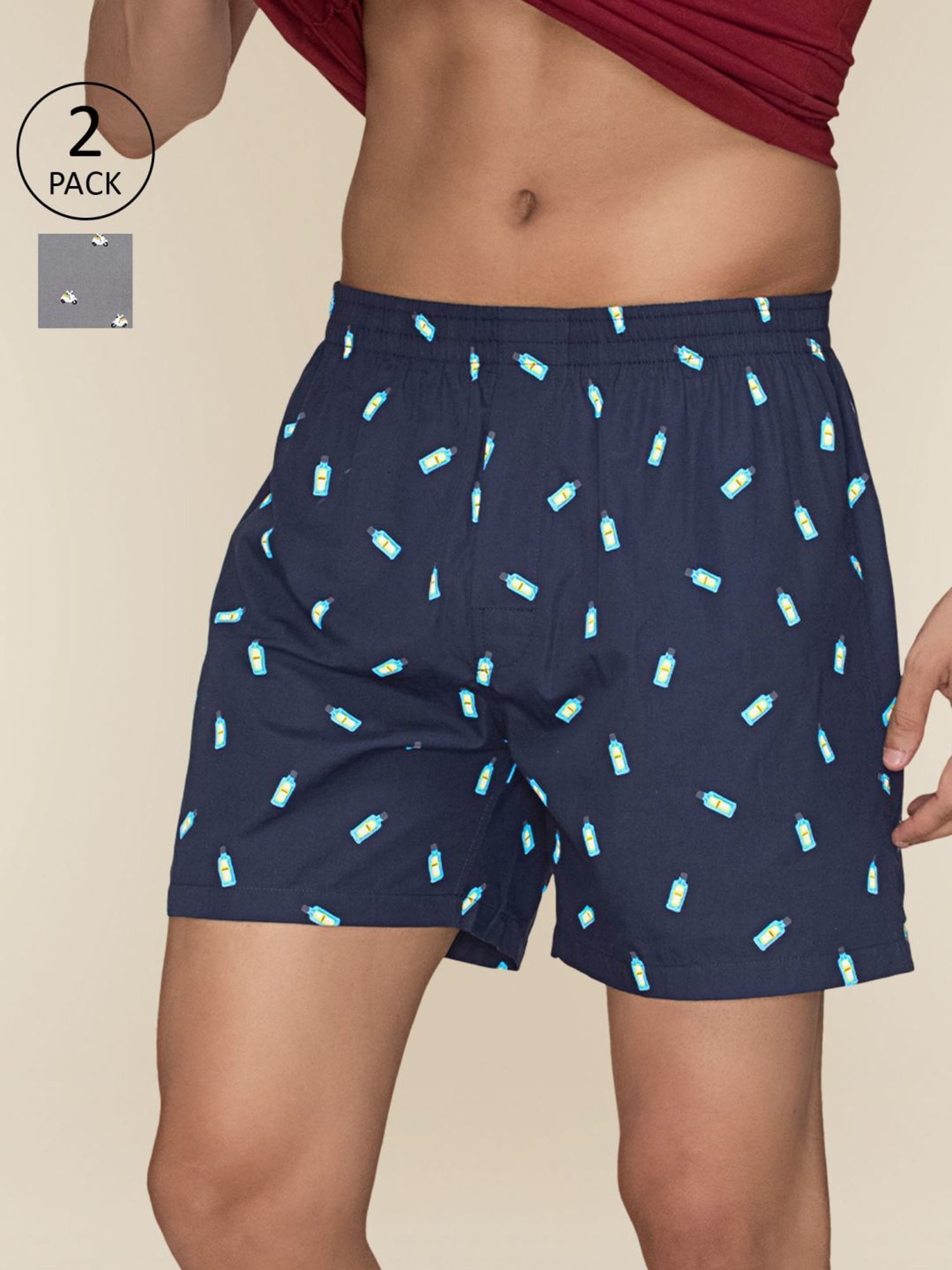 XYXX Vespa Grey & Gin Blue Cotton Relaxed Fit Printed Boxers - Pack Of 2
