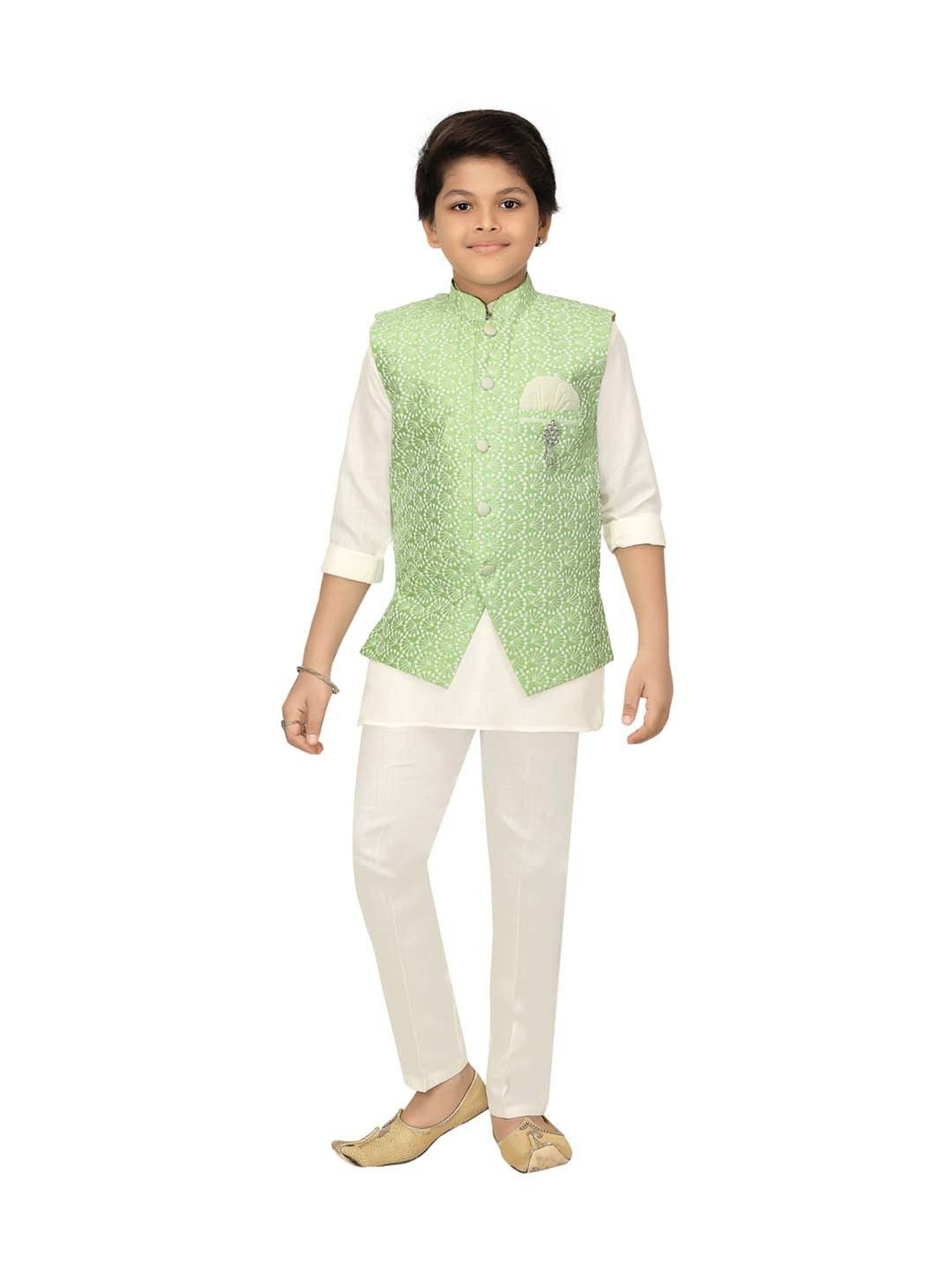 Ahhaaaa Kids Mint Green & White Cotton Printed Full Sleeves Kurta Set