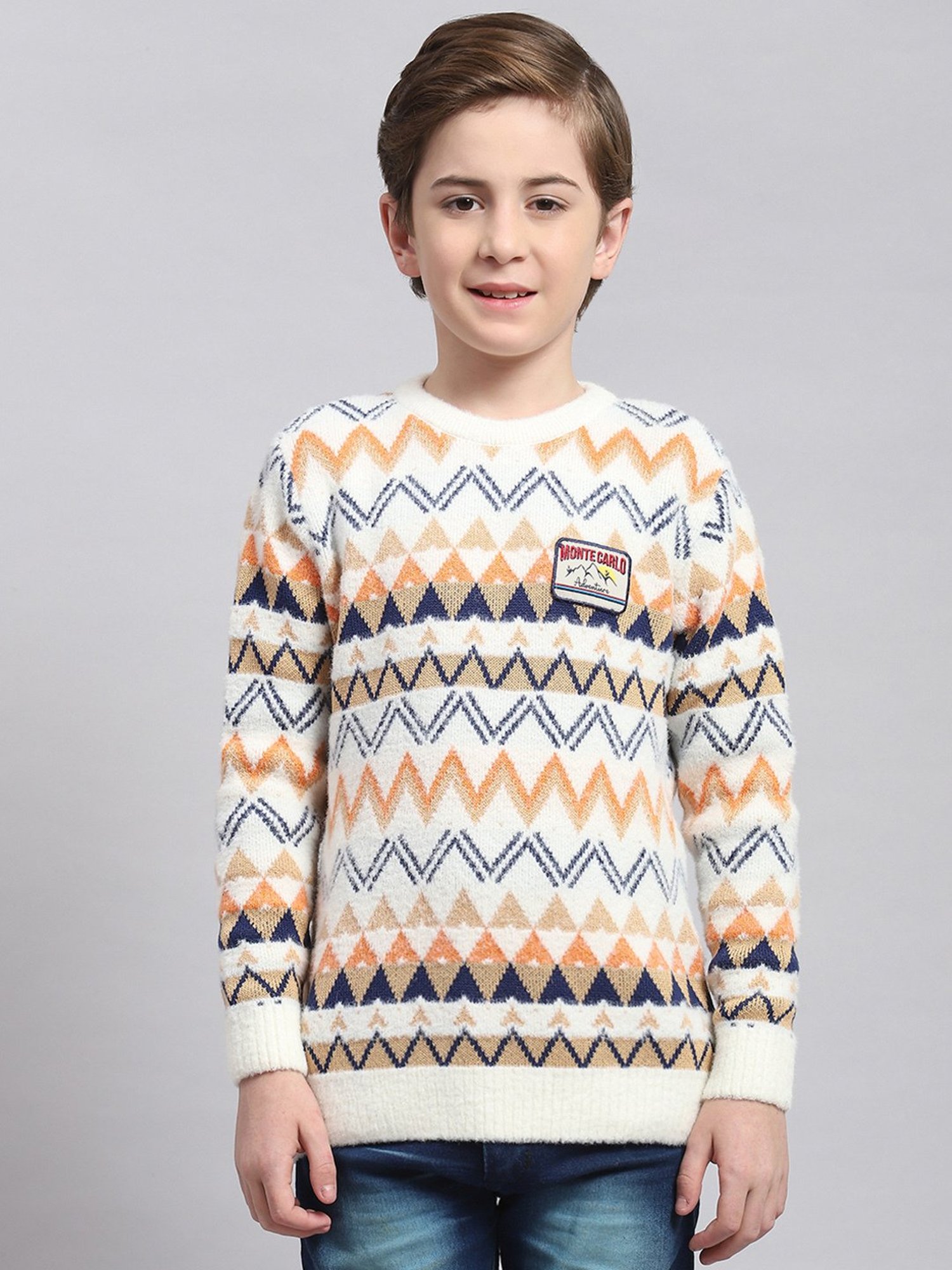 Monte Carlo Kids Off White Self Design Full Sleeves Sweater