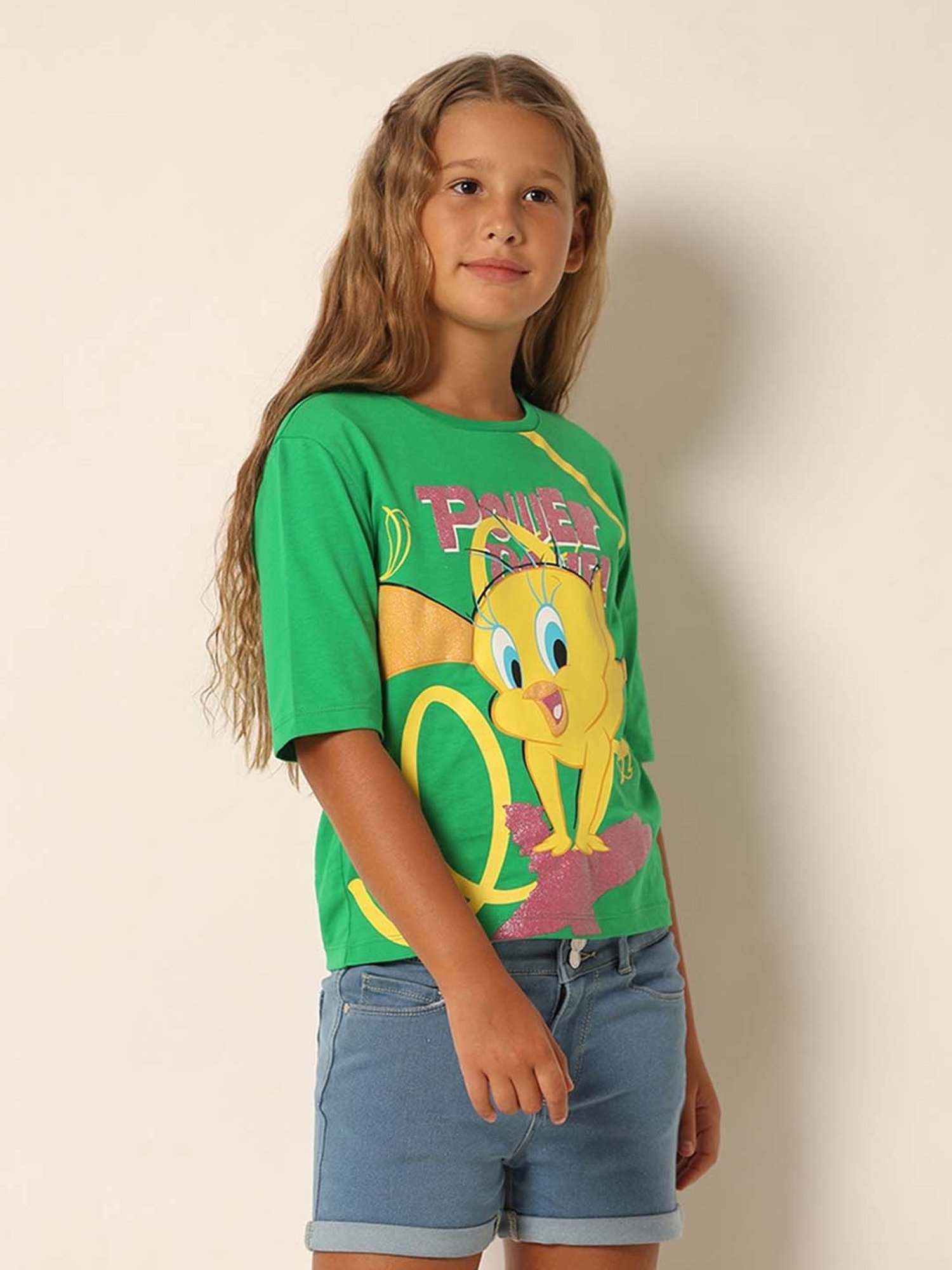 VERO MODA GIRL Green Cotton Printed T-Shirt