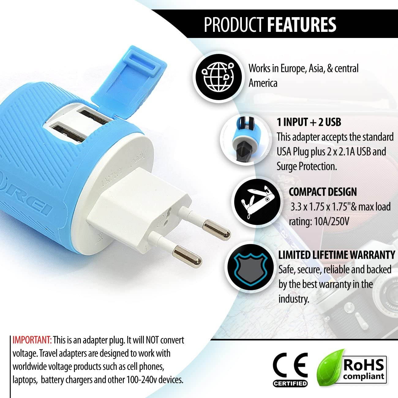 European Travel Plug Adapter with Dual USB + Surge Protection - for Most of Europe - Type C (U2U-9C), Will Work with Cell Phones, Camera, Laptop, Tablets, iPad, iPhone and More